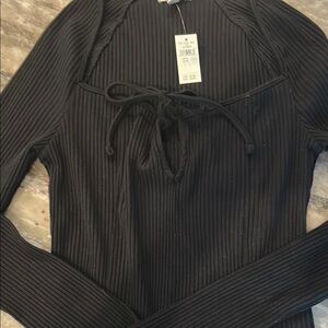 Aerie Black Ribbed Tie Front Blouse